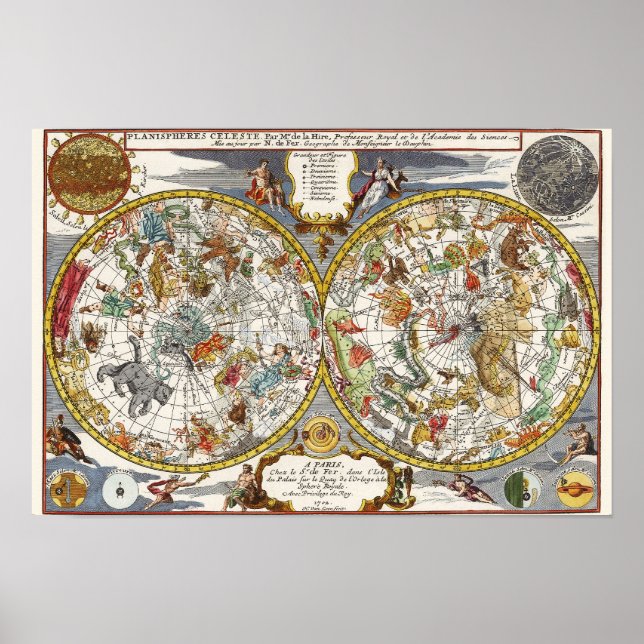 Póster Astronomia Vintage, Mapa Celeste Planisfério (Frente)