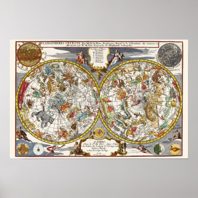 Póster Astronomia Vintage, Mapa Celeste Planisfério (Frente)