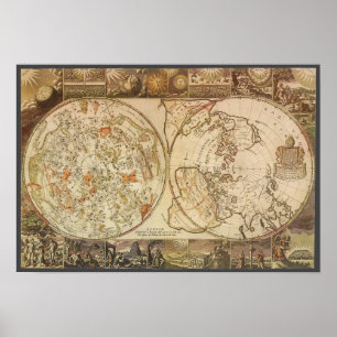 Poster Astronomia Vintage, Mapa Celestial do Planisphere