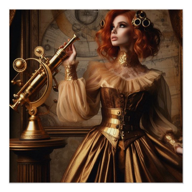 Póster Astrônomo Dourado Vitoriano Steampunk (Frente)