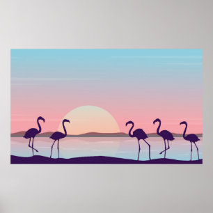 Poster At sunrise flamingo scenery silhouettesflamingo,si
