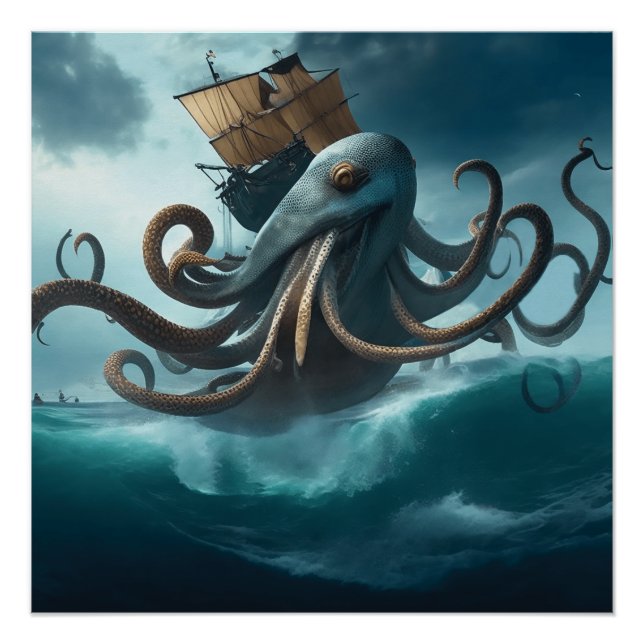 Póster ataque gigante de lula do Kraken no mar Navio à ve (Frente)