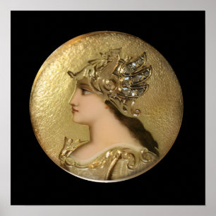 POSTER ATHENA PORTRAIT COM HELMET DE OURO E GRIFFINS