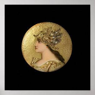 POSTER ATHENA PORTRAIT COM HELMET DE OURO E GRIFFINS