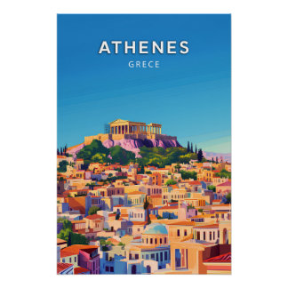 Póster Athenes, Grece, Poster style rétro-chic