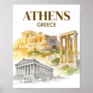 Poster Athens Greece Acropolis Watercolor Sketch Travel