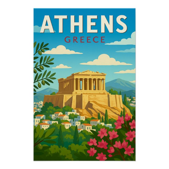 Póster Athens Greece Vintage Travel | Parthenon Acropolis (Frente)