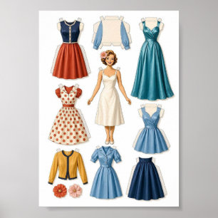 Poster Atividade de Recorte de Bonecas de Papel Vintage p