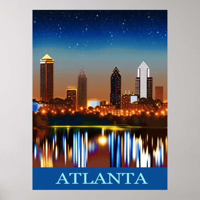 Poster Atlanta Skyline by Night com Reflexões (Frente)