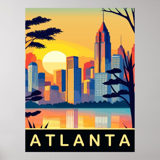 Poster Atlanta, Sunset Romântico sobre a cidade, Viagem (Frente)