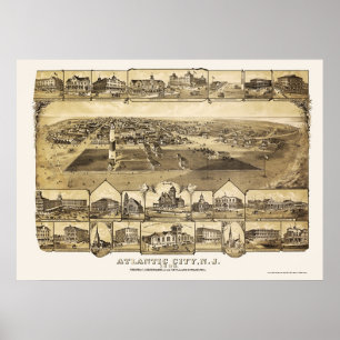 Póster Atlantic City, mapa panorâmico de NJ - 1880