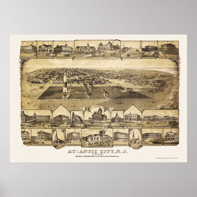 Póster Atlantic City, Mapa Panorâmico do NJ - 1880 (Frente)