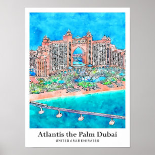 Poster Atlantis, Palm Dubai, UAE Viagem Watercolor