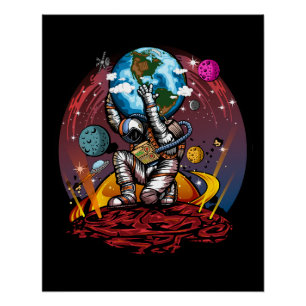 Póster Atlas Astronauta Segurando a Terra Marte Galáxia C