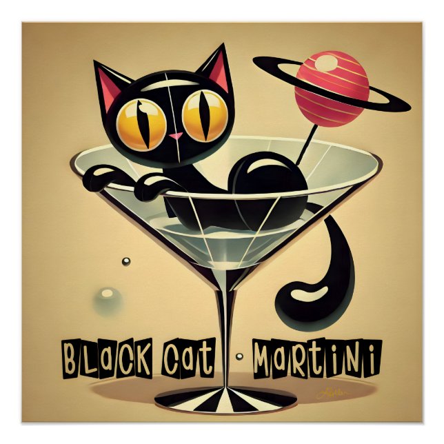 Póster Atomic Futuristic Space Age Black Cat Martini (Frente)