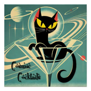 Póster Atomic Futuristic Space Age Black Cat Martini