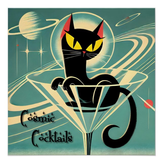 Póster Atomic Futuristic Space Age Black Cat Martini (Frente)