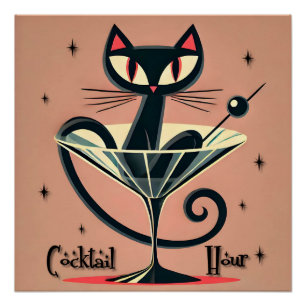 Póster Atomic Futuristic Space Age Black Cat Martini