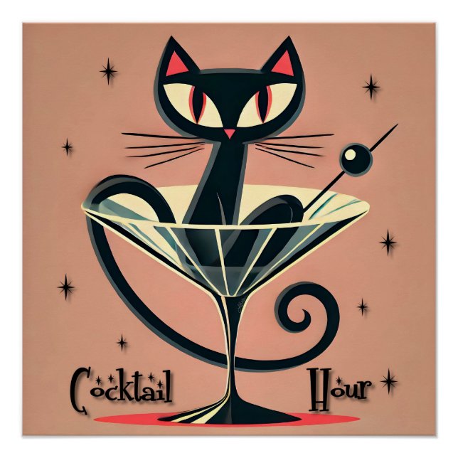 Póster Atomic Futuristic Space Age Black Cat Martini (Frente)