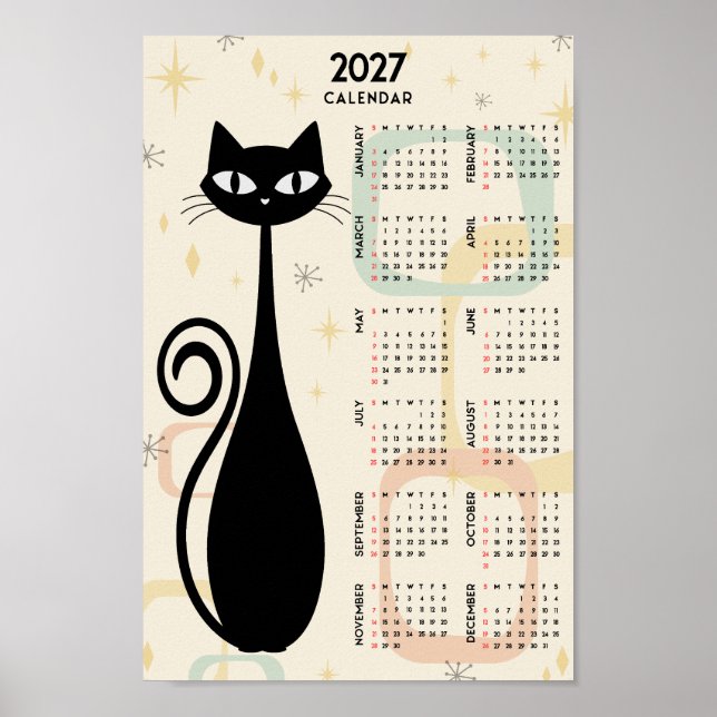 Poster Atomic Retro Black Cat Mid Century 2027 Calendar (Frente)