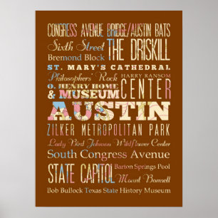 Poster Atrações e locais famosos de Austin, Texas.