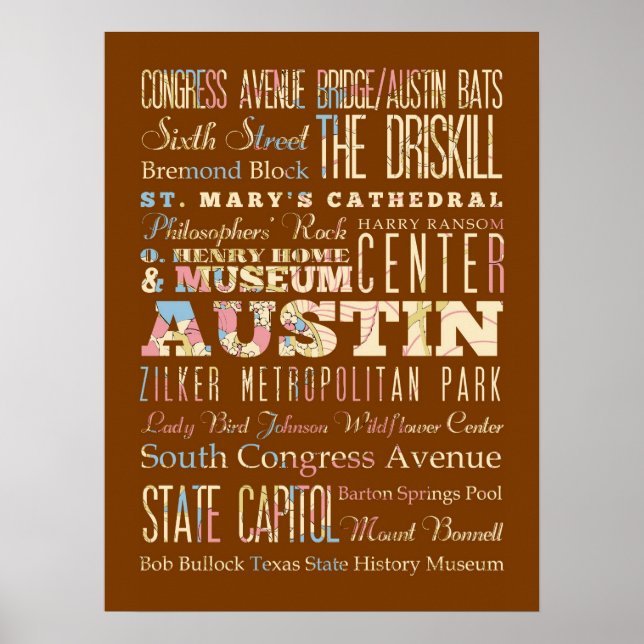 Poster Atrações e locais famosos de Austin, Texas. (Frente)