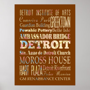 Poster Atrações e Lugares Famosos de Detroit, Michigan.