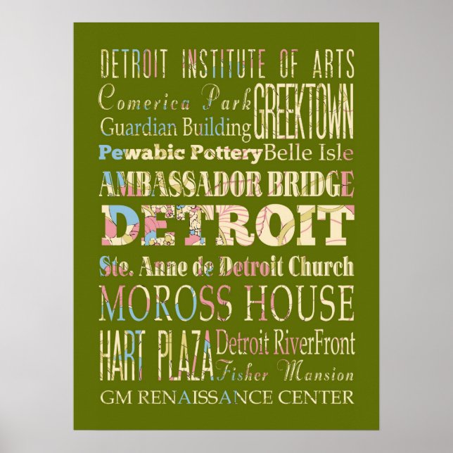 Póster Atrações e Lugares Famosos de Detroit, Michigan. (Frente)