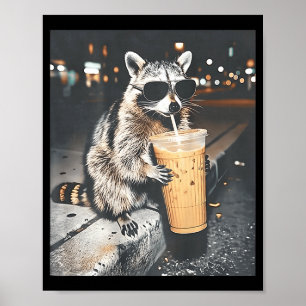Poster (atrás) guaxinim bebendo café gelado animação engr