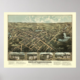 Poster Attleboro norte, mapa panorâmico das MÃES - 1878