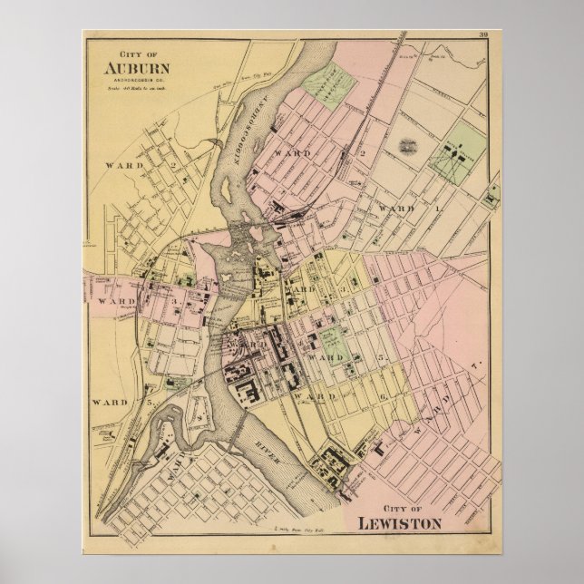Póster Auburn, mapa de Lewiston (Frente)