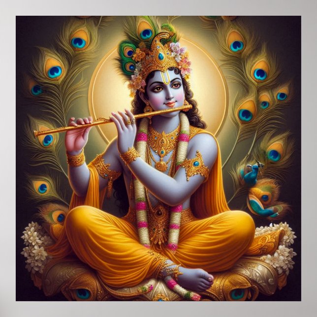 Poster Aura de Pavão Krishna Flauta Arte Divina (Frente)