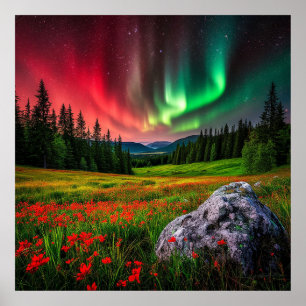 Poster Aurora Boreal Iluminando uma Campina Cénica