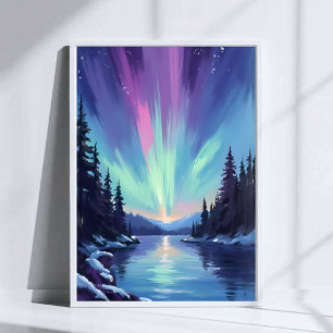 Poster Aurora Boreal Luzes do Norte Aquarela