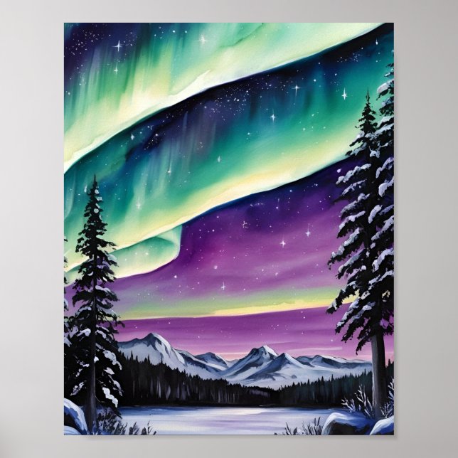 Poster Aurora Boreal sobre floresta nevada, pinheiros, pa (Frente)