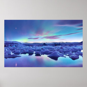 Poster Aurora boreal sobre o lago Jokulsarlon, Islândia