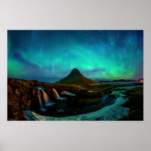 Poster Aurora Borealis Na Montanha Kirkjufall Islândia