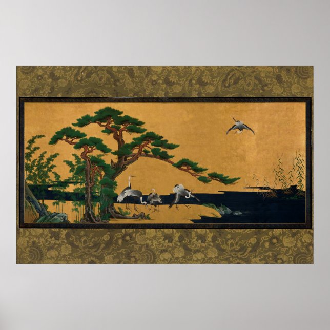 Póster Auspicious pine, bamboo, plum, crane, and turtles (Frente)