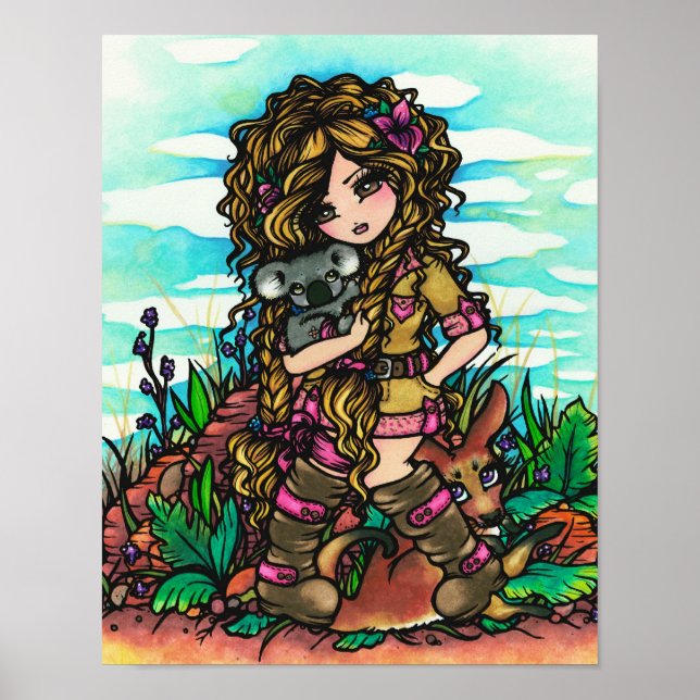 Poster Aussie Girl Koala Kangaroo Art Austrália Outback (Frente)