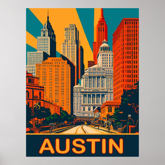 Poster Austin em cores vibrantes, Viagem (Frente)
