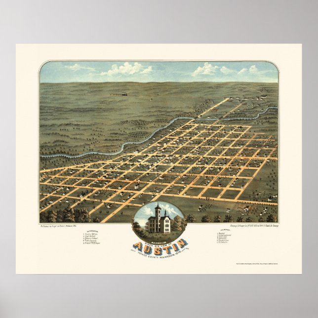 Poster Austin, Mapa Panorâmico do MN - 1870 (Frente)