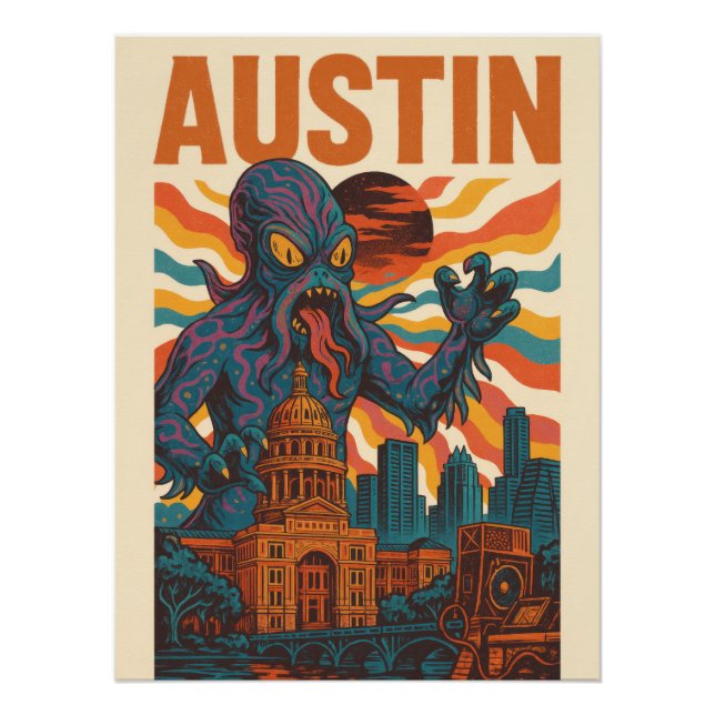 Póster Austin Sci-Fi Monster Cityscape Art - Kaiju (Frente)