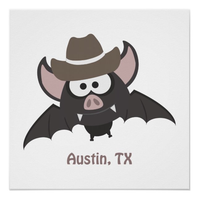 Póster Austin Texas Cute Cartoon Cowboy Bat (Frente)