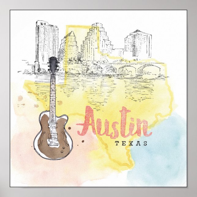 Póster Austin,Texas | Esquema de Aquarela (Frente)