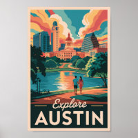 Austin Texas Skyline Viagem Art Vintage