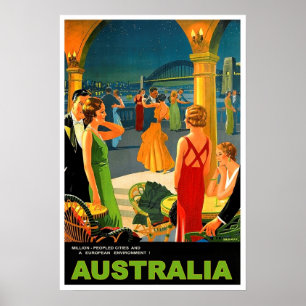 Poster Austrália, festa romântica à noite, viagens vintag
