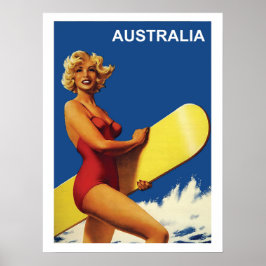Poster Austrália, garota surfista na praia, vintage