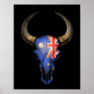 Póster Australian Flag Bull Skull on Black
