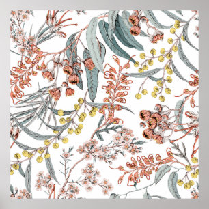 Poster Australian native flowers. Seamless pattern black 