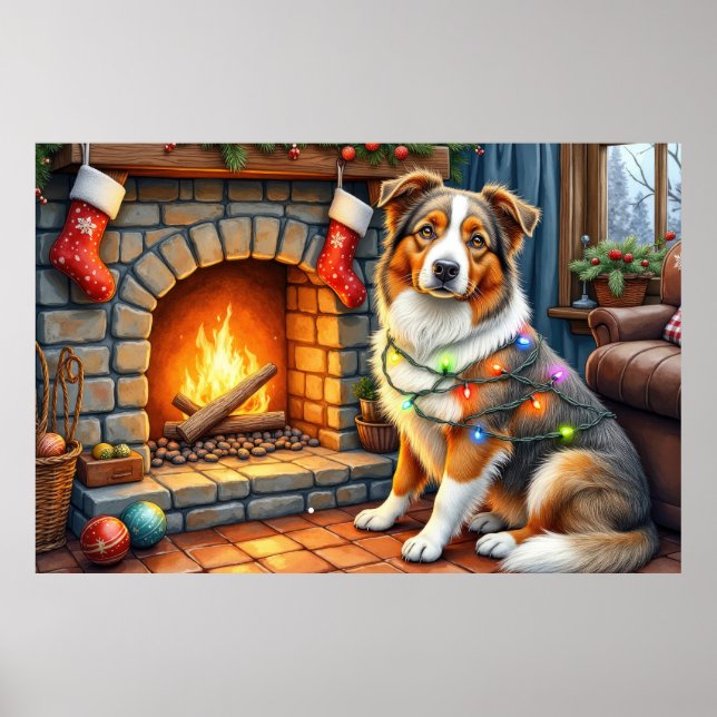 Poster Australian Shepherd Fireplace with Christmas Light (Frente)